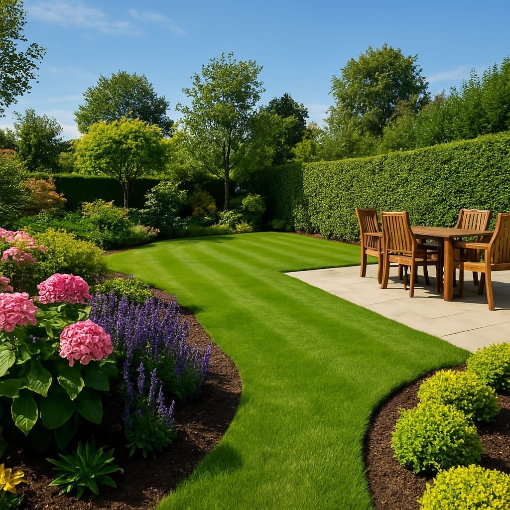 Beautiful garden with trimmed hedges