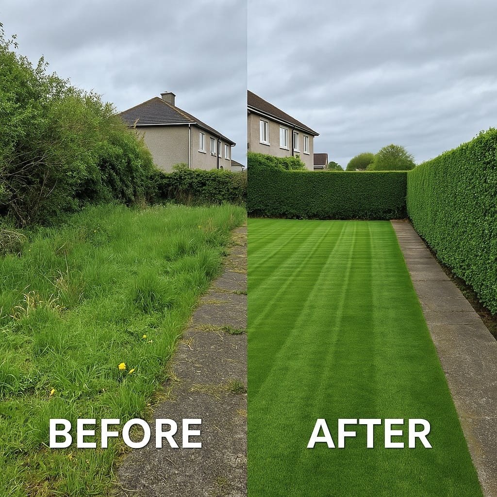 Overgrown lawn before and after care