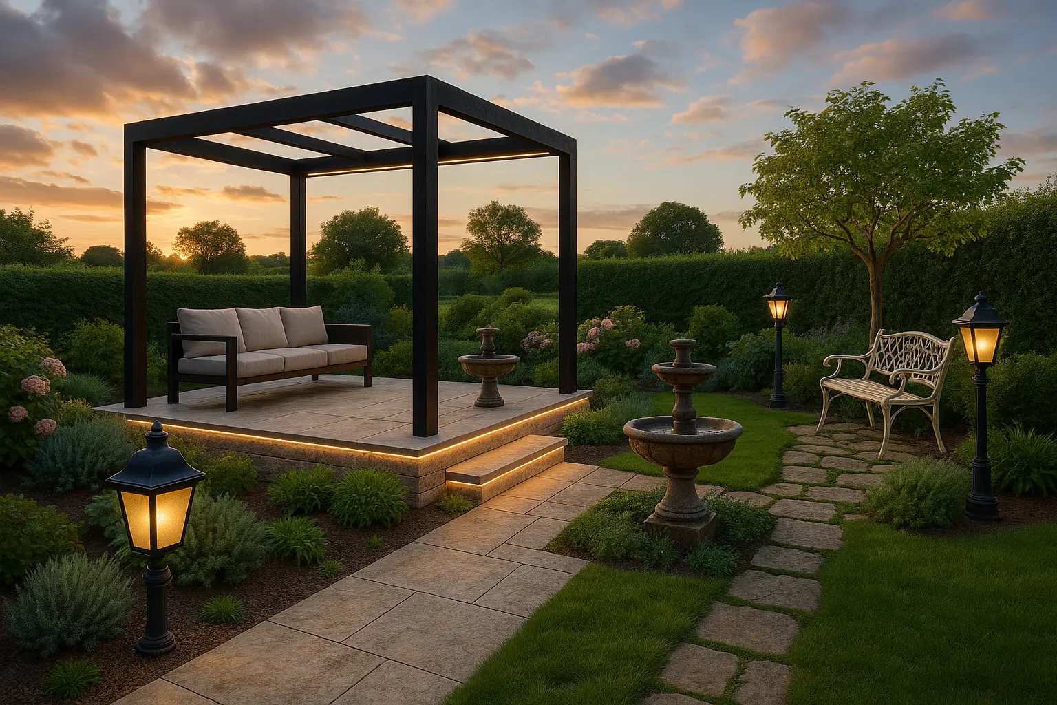 Elegant garden at sunset with a modern pergola seating area, stone path, water fountains, decorative bench, and warm landscape lighting.