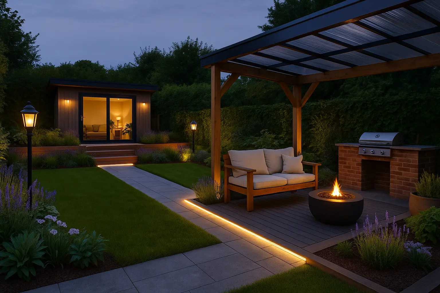 Cozy backyard at dusk with a modern garden room, pergola seating area, fire pit, built-in grill, and illuminated pathway lighting.