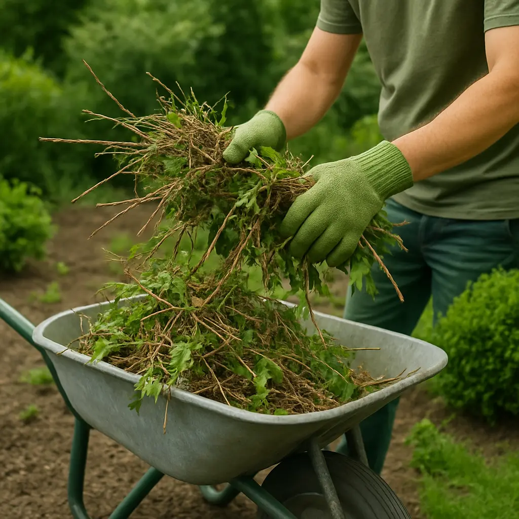Gardener clearing weeds into a wheelbarrow during garden cleanup and maintenance.