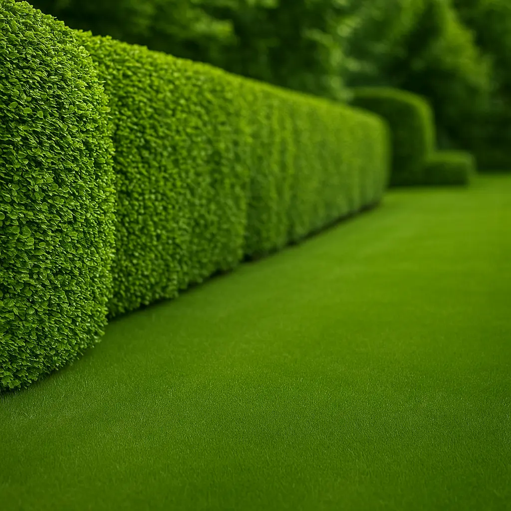 Neatly trimmed green hedge and manicured lawn in a well-maintained garden.