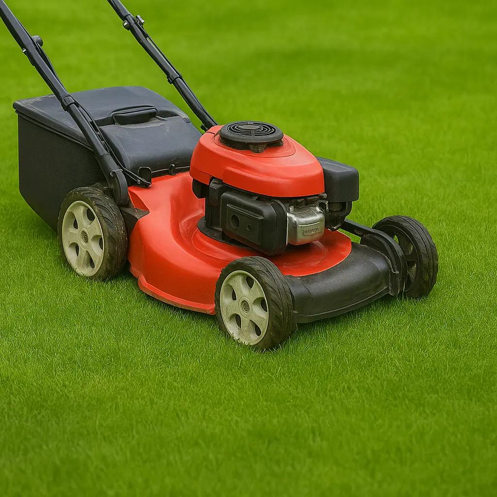 Red and black lawn mower on green grass for grass cutting and lawn care.