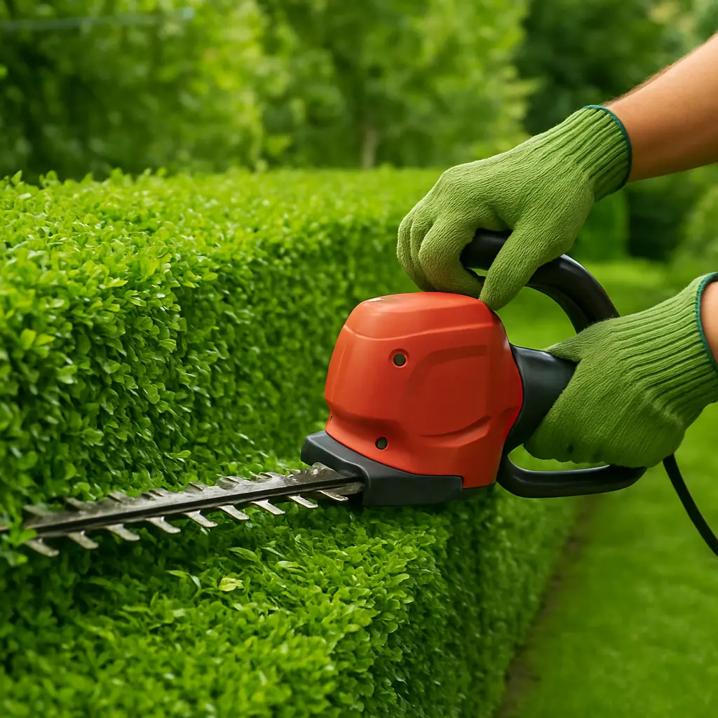 A professional gardener using a hedge trimmer to shape a green hedge, with a woven basket for garden waste in the background.