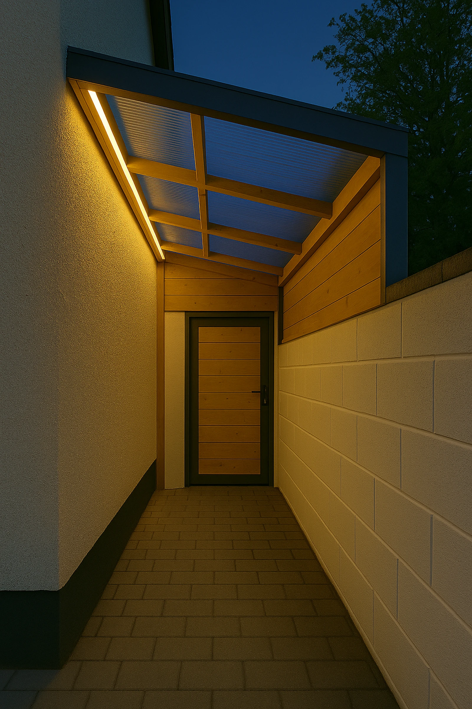 Side passage with polycarbonate roof