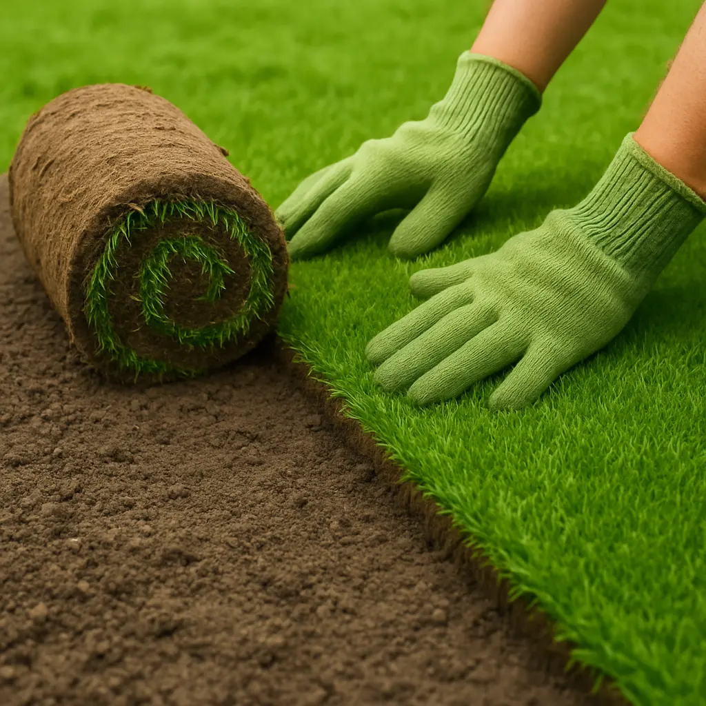 A gardener wearing green gloves laying fresh rolls of turf on a lawn, ensuring a smooth and even installation.